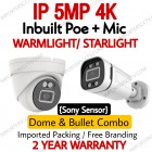 New IP 5MP Sony Sensor Inbuilt Poe + Mic  Starlight Color Night Vision {Dome + Bullet Combo 2 Cameras}  Imported Packing    *2 Year Warranty*